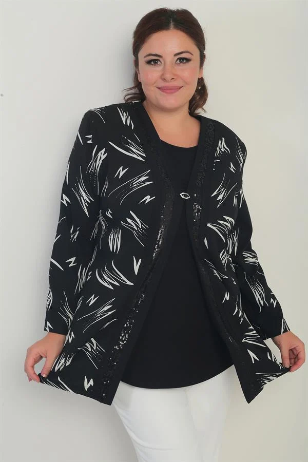 Ensemble 2 pièces pour femme, composé d'un chemisier sans manches en lycra avec détail rayé en PU sur le devant et d'une veste en crêpe à motifs, grandes tailles.