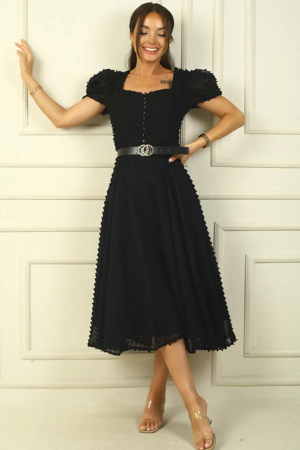 Balloon Sleeve Midi Length Lined Waist Belted Patchwork Fabric Dress