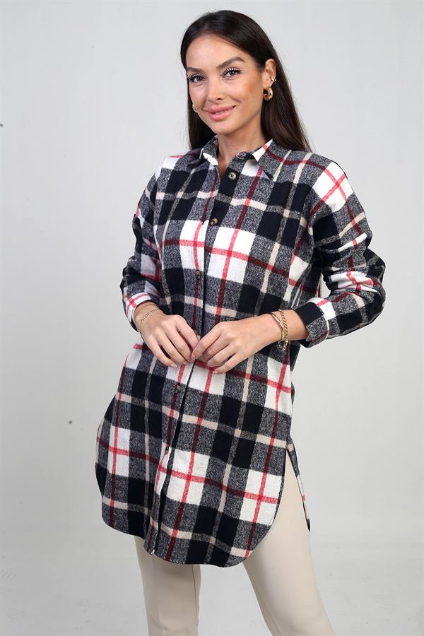 Chemise longue à carreaux pour femme avec fentes latérales