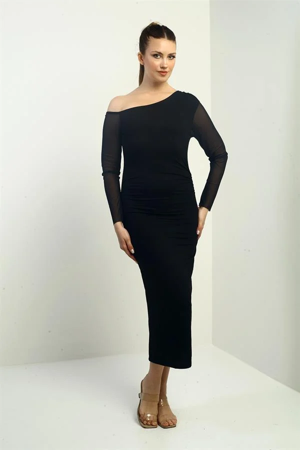 Kadın Kristal Tül Kollu Beli Büzgülü Uzun Elbise