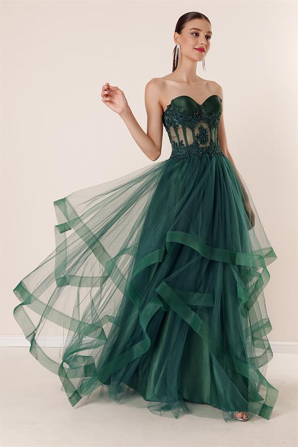Long, Layered Tulle Taffeta Evening Dress with Beaded Embellishments
