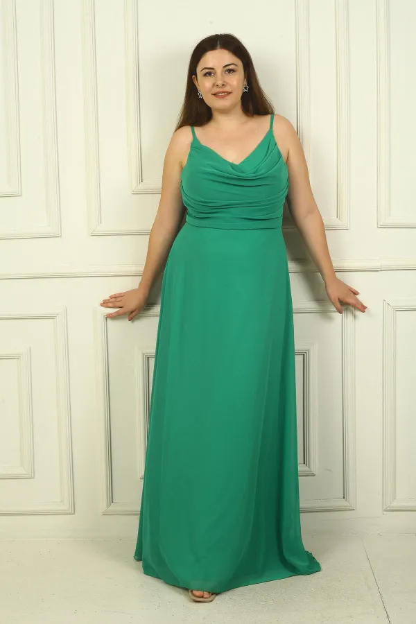 Women's Strappy, Draped Front, Lined Plus Size Long Chiffon Dress