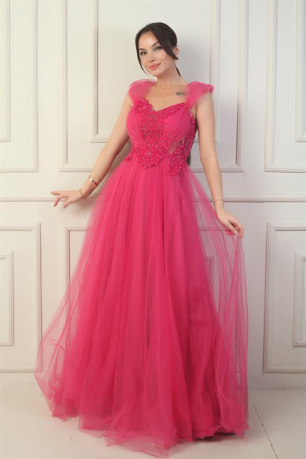 Robe de soirée princesse pour femme, décolleté en V devant et dos, manches tombantes doublées et broderie appliquée sur le haut