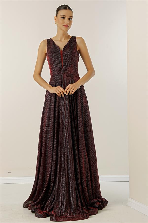 V-Neck Echo Tulle Glittery Lined Evening Dress