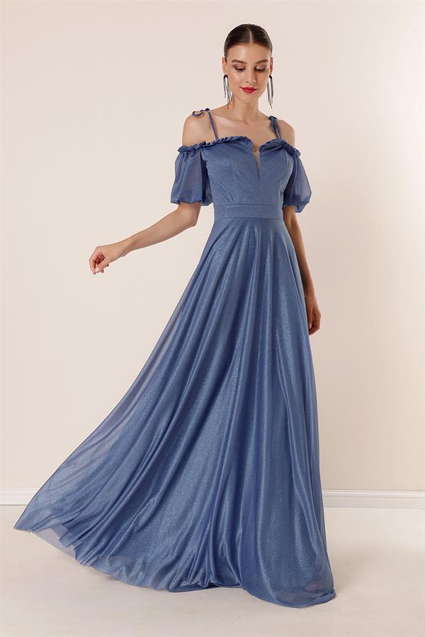 Long Dress with Pleated Neckline, Balloon Sleeves, Lined, and Glittery Embellishments.