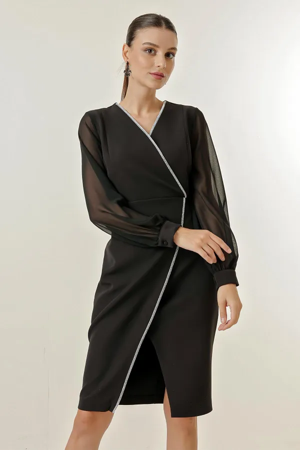 Double-Breasted Chiffon Sleeves Half-Lined Dress with Shiny Stone Detail on the Front