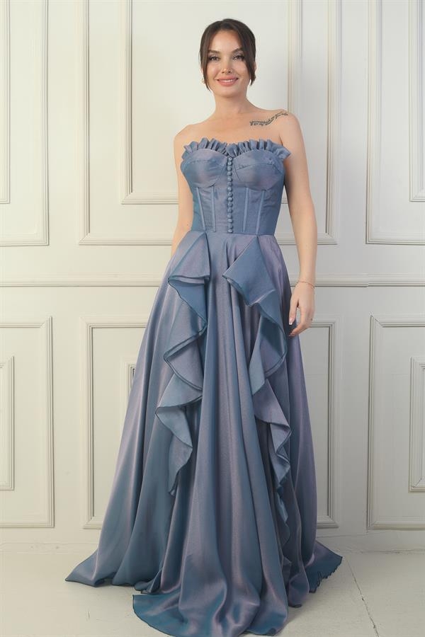 Robe de soirée longue sans bretelles pour femme, boutonnée sur le devant, lacée dans le dos, jupe à volants