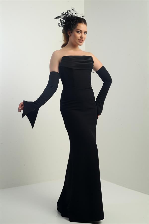 Kadın Straplez Takma Kollu Telalı Astarlı Krep Uzun Abiye Elbise