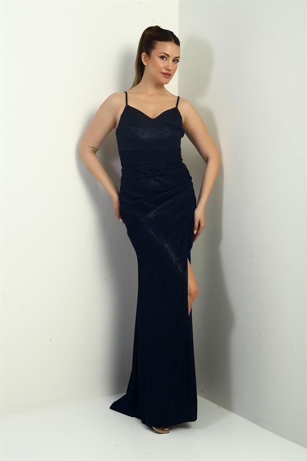 Women's Long Glittery Dress with Pleated and Lined Skirt and Rope Straps