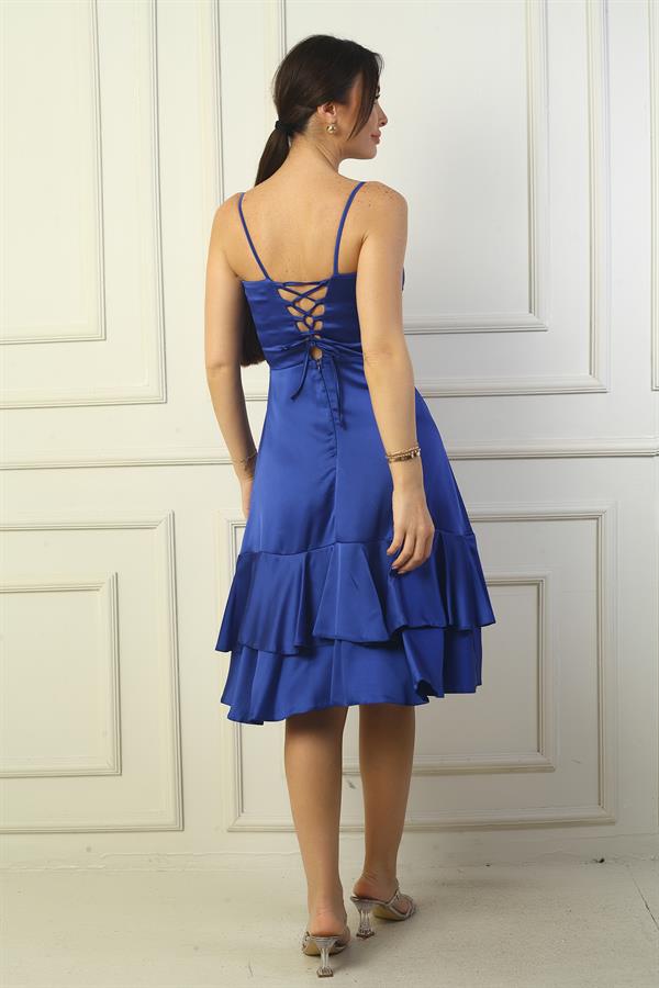 Jupe à bretelles pour femme, doublée et drapée, avec double volant en satin