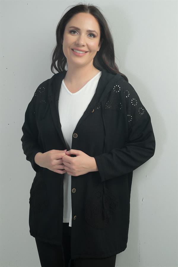 Cardigan grande taille pour femme, à capuche, boutonné sur le devant, avec poches et volants