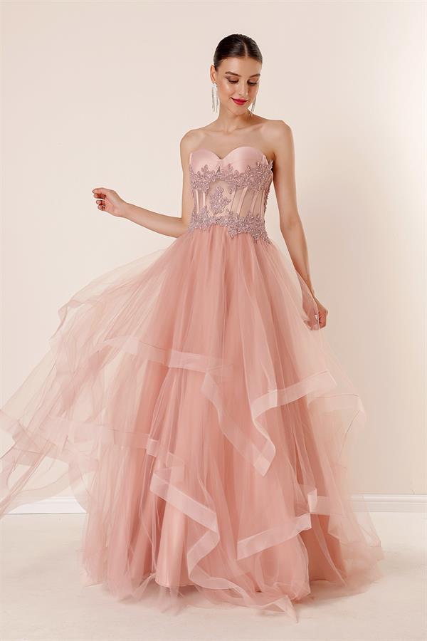 Long, Layered Tulle Taffeta Evening Dress with Beaded Embellishments