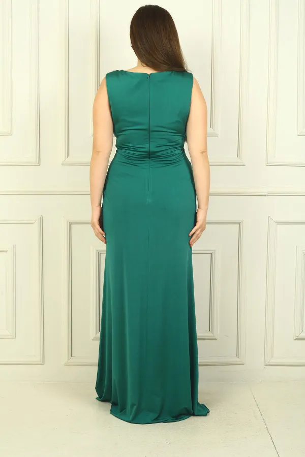 Kadın V Yaka Beli Tokalı Drapeli Astarlı Önü Yırtmaçlı Likralı Sandy Büyük Beden Uzun Elbise