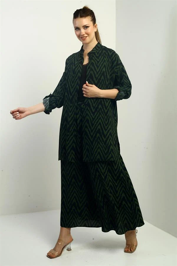 Women's Side Slit Tunic Shirt, Elastic Waist Palazzo Pants, Zigzag Pattern Oversize 2-Piece Set