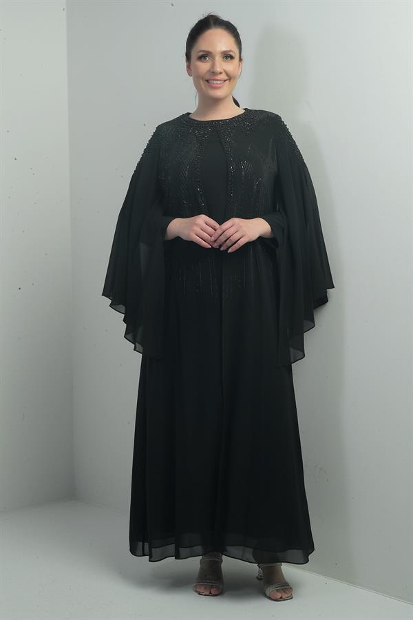 Kadın Üstü Taş Boncuk Baskılı Pelerin Astarlı Uzun Şifon Büyük Beden Elbise