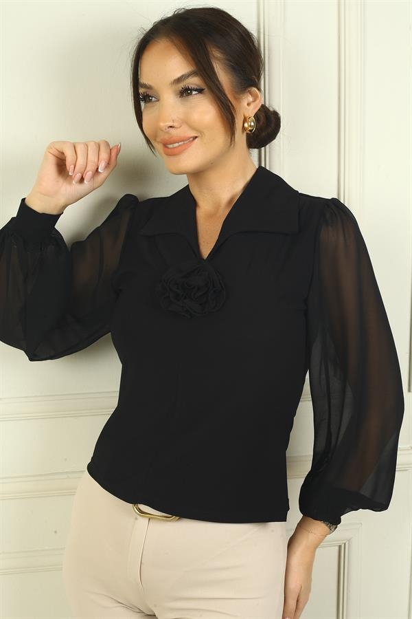 Women's V-Neck Front Rose Detailed Blouse