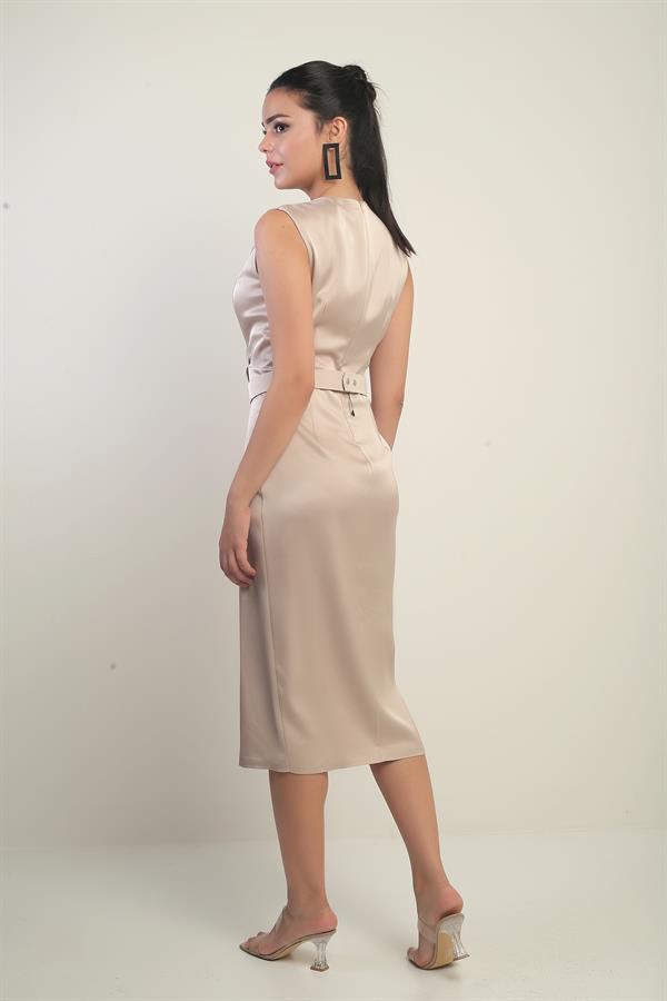 Women's Wrap Neckline Front Pleated Belted Crepe Satin Dress