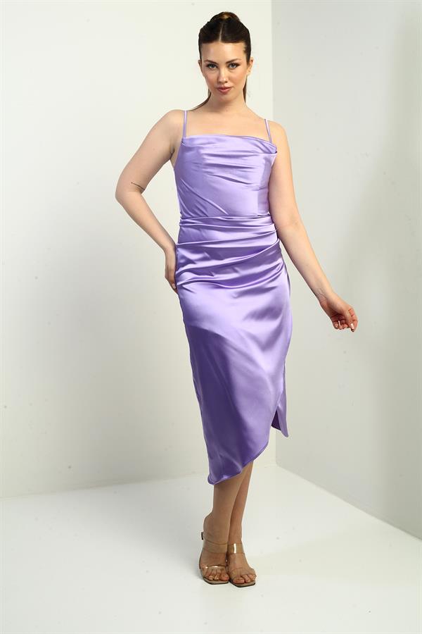 Robe midi asymétrique à bretelles, drapée et doublée pour femme