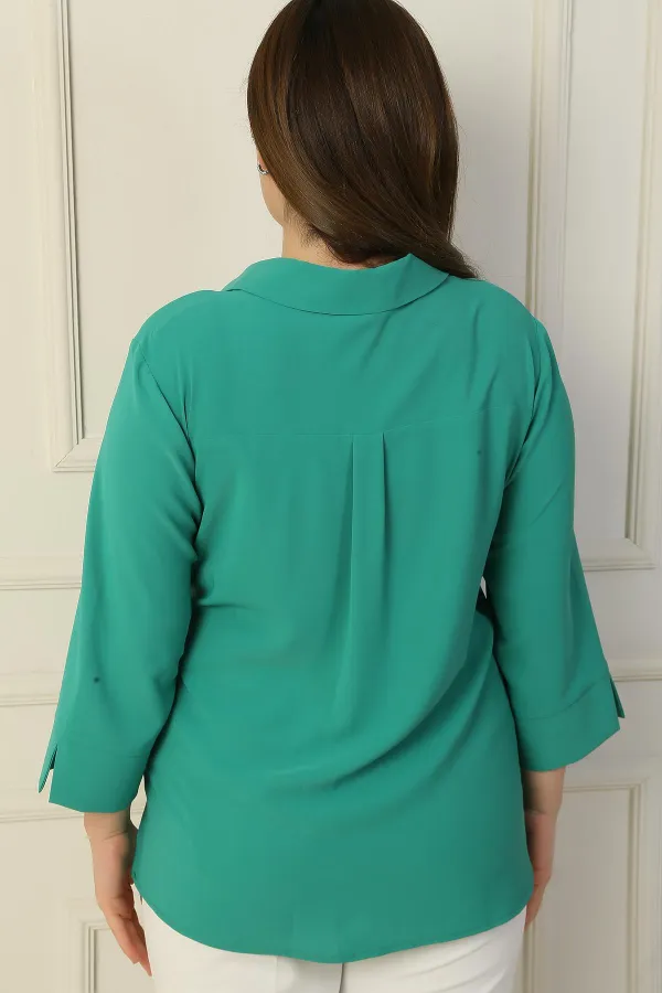 Polo Collar Pocketed Quarter Sleeve BB Blouse