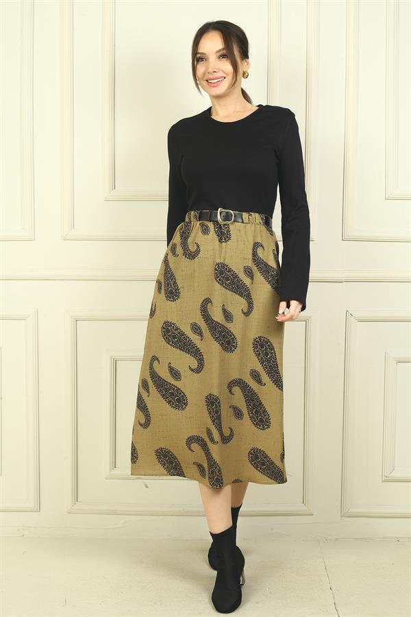 Kadın Beli Kemerli Eteği Şal Desenli Astarlı Elbise