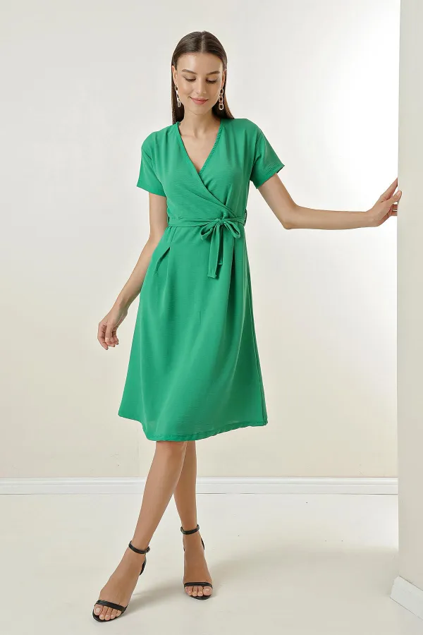 Double-Breasted Pleated Waist Belted Aerobin Dress