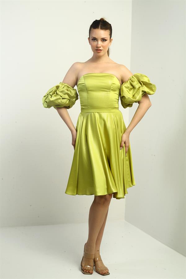 Kadın Straplez Karpuz Takma Kollu Astarlı Kısa Kloş Krep Saten Elbise