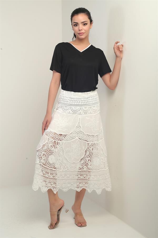Kadın Beli Lastikli Astarlı Dantel Fisto Midi Etek