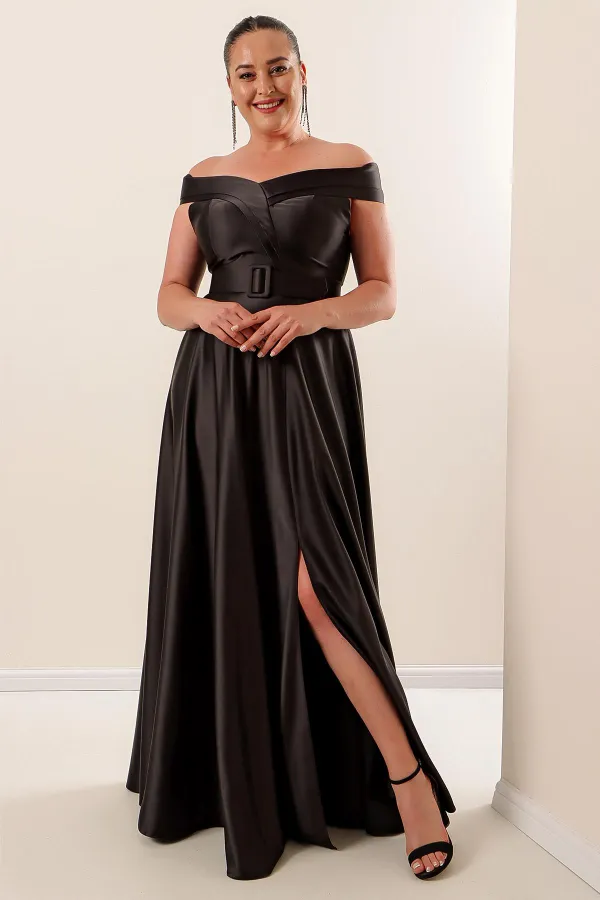 Robe longue en satin grande taille avec col et ceinture, doublée et fendue