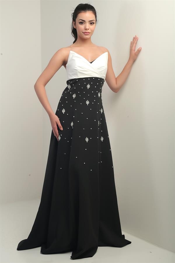 Robe longue évasée sans bretelles en taffetas pour femme avec double épissure de pierre