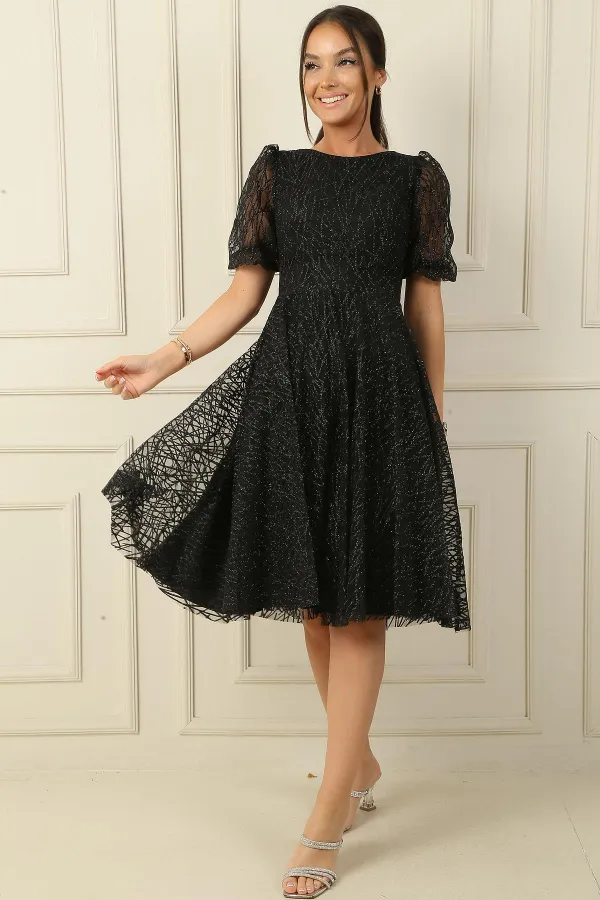 Robe de soirée courte à manches demi-ballon doublée et imprimé floqué