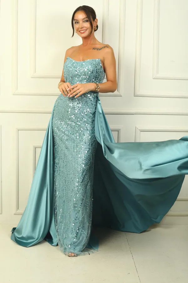 Strapless Lined Satin Train Sequin Long Dress