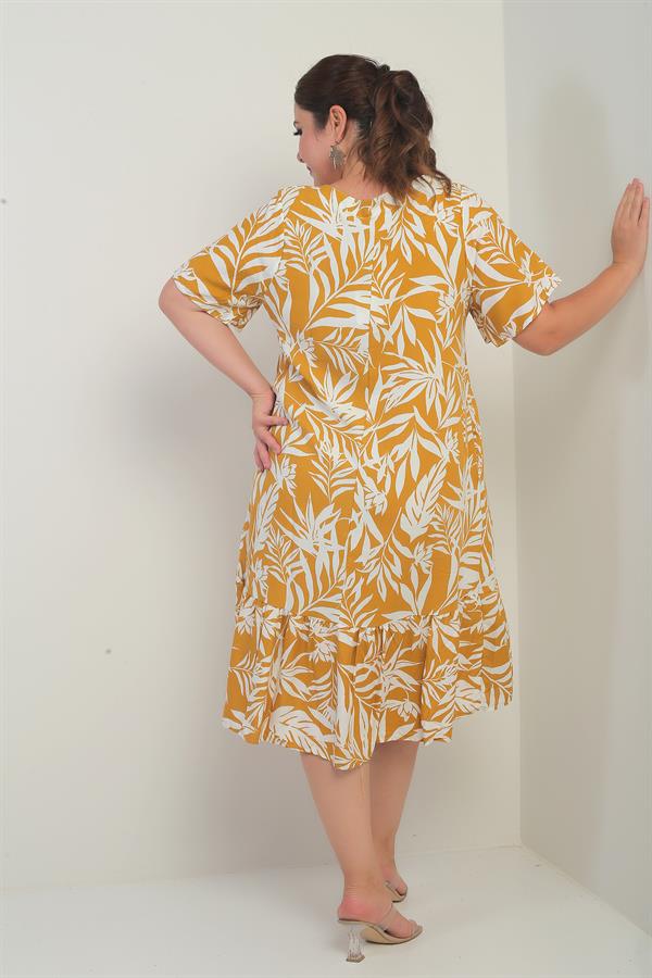 Kadın V Yaka Karışık Yaprak Desenli Cepli Eteği Fırfırlı Büyük Beden Elbise