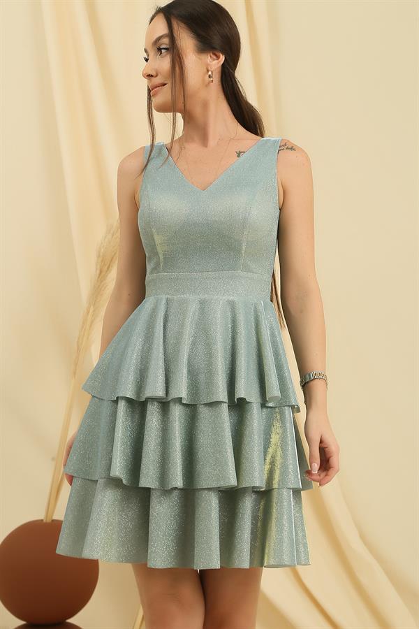 Ön Arka V Yaka Simli Katlı Elbise