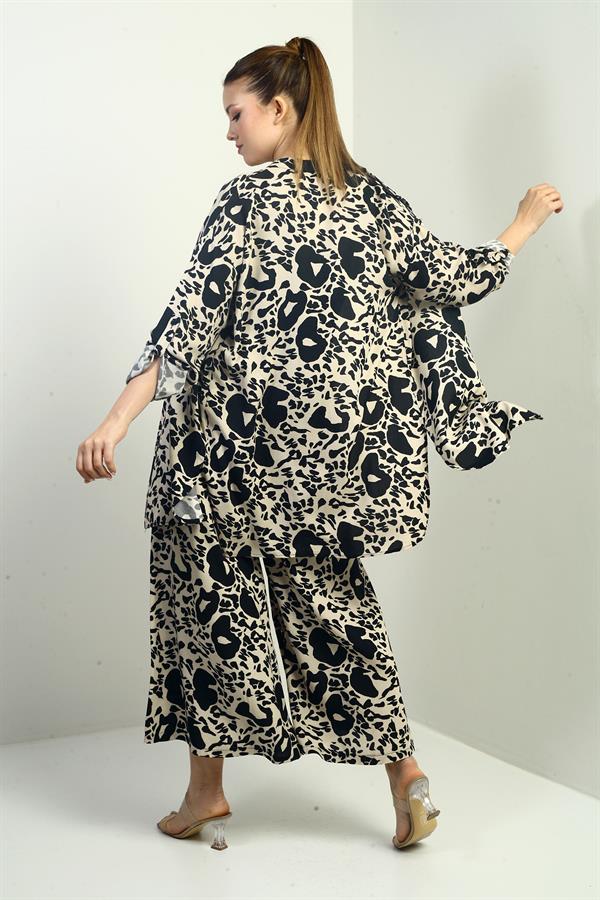 Women's Side Slit Tunic Shirt, Elastic Waist Pocketed Palazzo Pants, Mixed Pattern Oversize 2-Piece Set