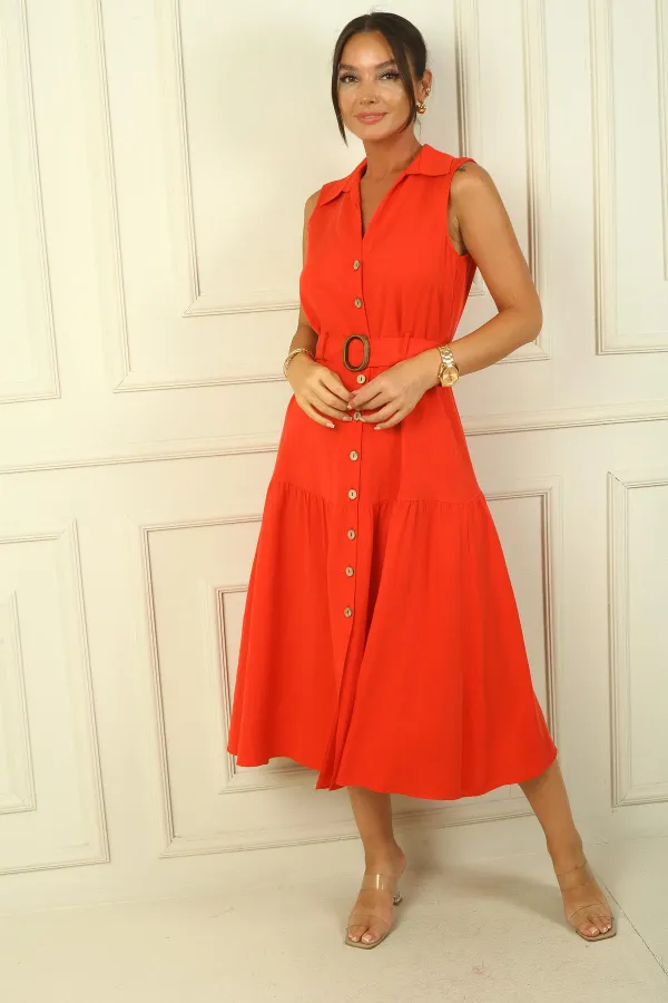 Buttoned Front Belted Long Dress
