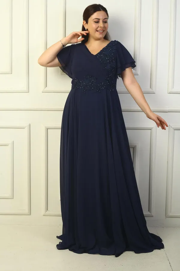 Robe longue en mousseline de soie grande taille pour femme, col en V, drapée, brodée de perles, doublée