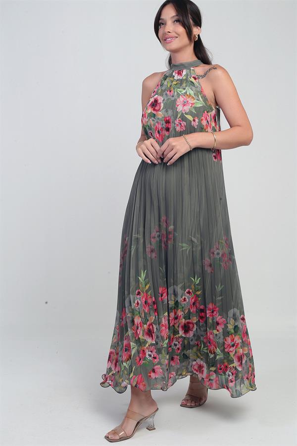 Robe longue plissée en mousseline doublée à motif floral pour femme