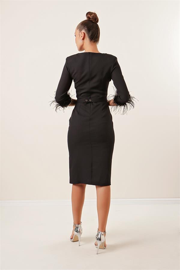 Belted Dress with Embellished Feather and Rhinestone Details on Sleeves