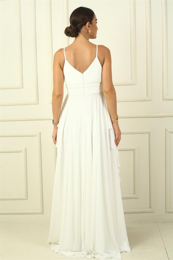 Kadın İp Askılı Yanları Yırtmaçlı Astarlı Volanlı Şifon Uzun Elbise