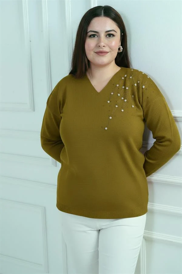 Chemisier en maille à strass grande taille pour femme, col en V