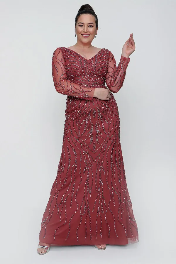 Front Back V Neck Sleeves Tulle Lined Stoned Long Plus Size Dress