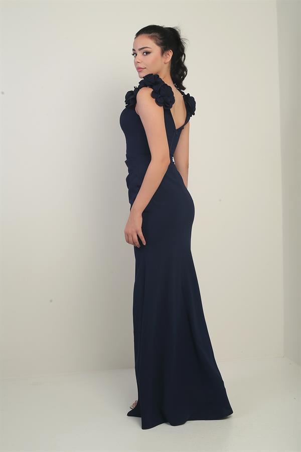 Women's Madonna Neckline Long Dress with Floral Detail and Draped Front