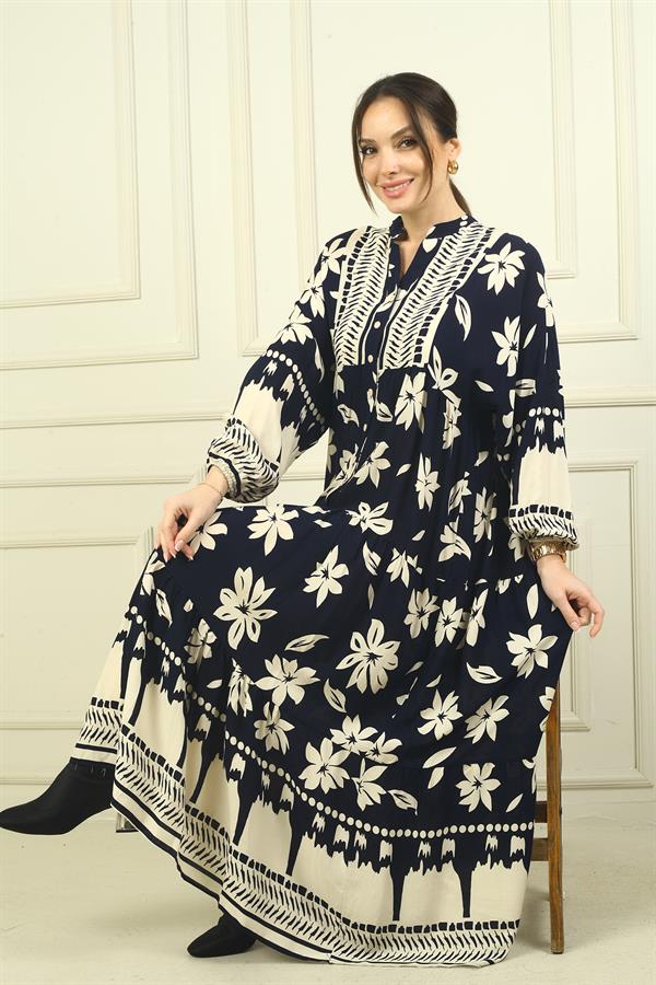 Kadın Önü Yarım Düğmeli Çiçek Desenli Fırfırlı Oversize Uzun Elbise
