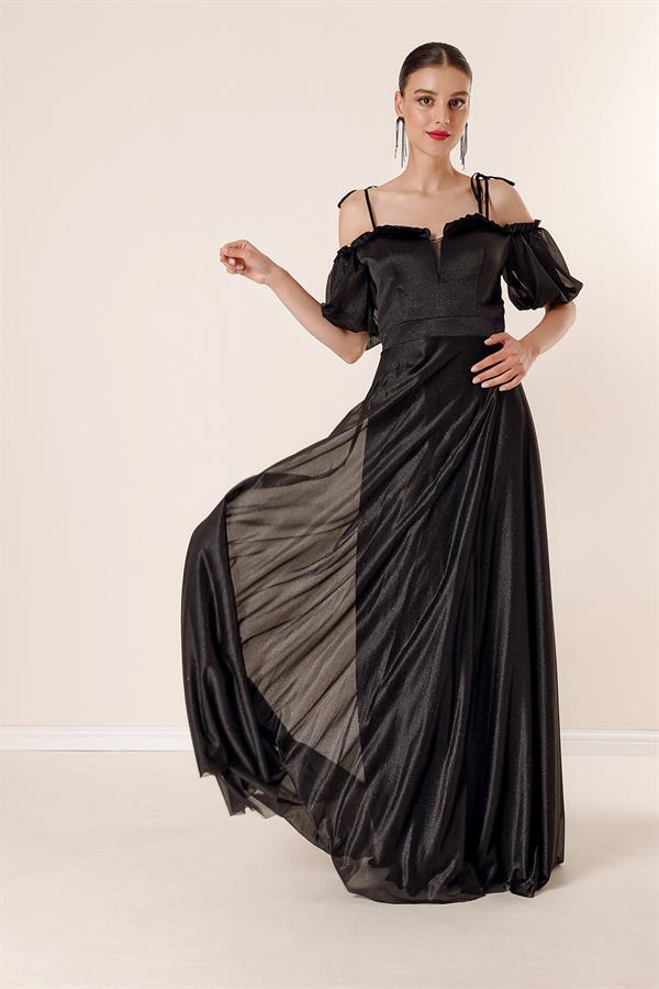 Long Dress with Pleated Neckline, Balloon Sleeves, Lined, and Glittery Embellishments.