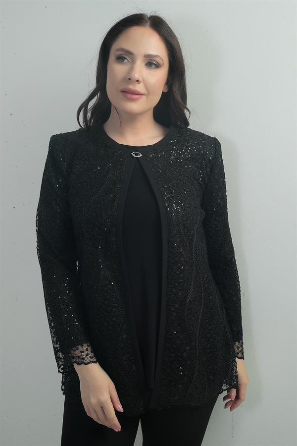 Women's Long-Sleeve Blouse and Sequin Embellished Lace Jacket, Plus Size, Two-Piece Set