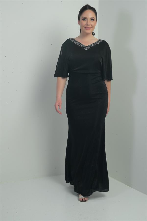 Robe longue pailletée grande taille pour femme, ornée de détails sur le devant et le dos, décolleté en V, doublée, manches chauve-souris et décolleté plongeant.