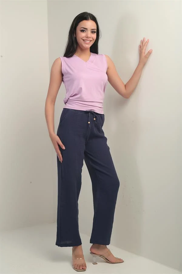 Pantalon palazzo en mousseline pour femme, avec taille élastique et poches
