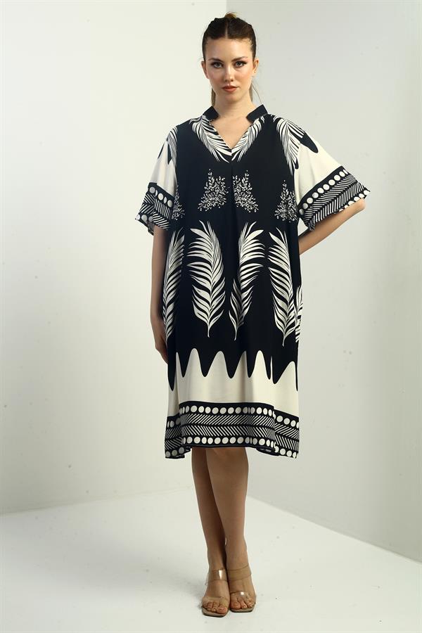 Women's Leaf Patterned Oversize Short Dress with Pockets