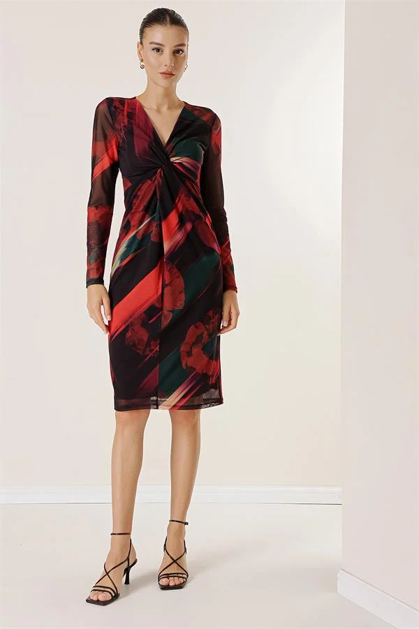 Lined Patterned Tulle Dress with Knot Detail at the Front