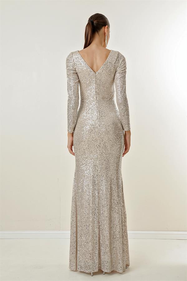 Robe longue à sequins doublée, décolleté cache-cœur et drapé sur le devant